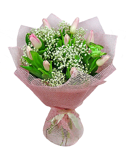 Букет из девяти розовых тюльпана. Оформление - цветочная сетка, гипсофила, декоративная бабочка
